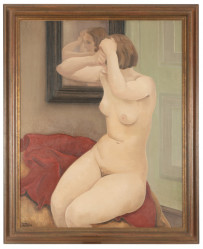 Zittend naakt voor de spiegel