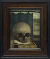 Stilleven met schedel op boek