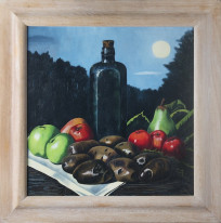 Stilleven met aardappelen, flesch en vruchten