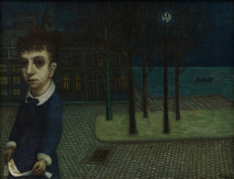 Figuur in landschap met maan