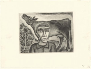 Prent van boer en koe