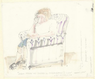 Oudere vrouw met zakdoek in crapaud-stoel