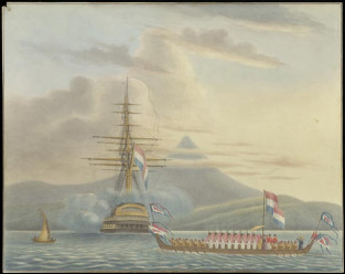 Molukken - Bezoek van de sultan van Tidore aan het fregatschip Evertsen. 1818