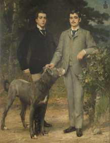 Portret van oud-burgemeester A.J.A.A. Baron van Heemstra (1871-1957) en zijn broer, met hond